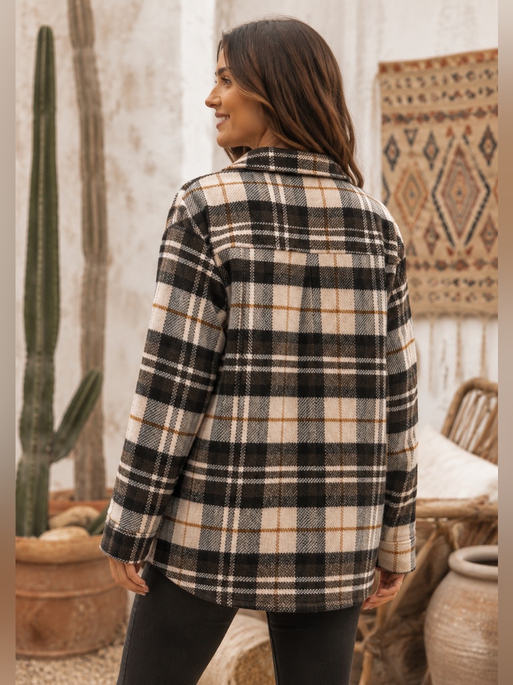 Boho Neutral Plaid Oversized Shacket Jacket Button Front Cozy Layering Piece - Picture 3 of 7